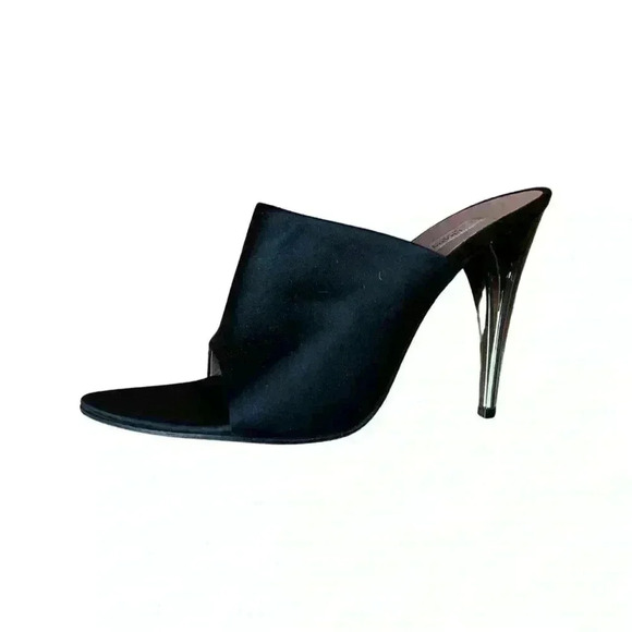 Black Prada Pointy Open Toe Satin Mule with clear heel size 37. - Picture 9 of 14